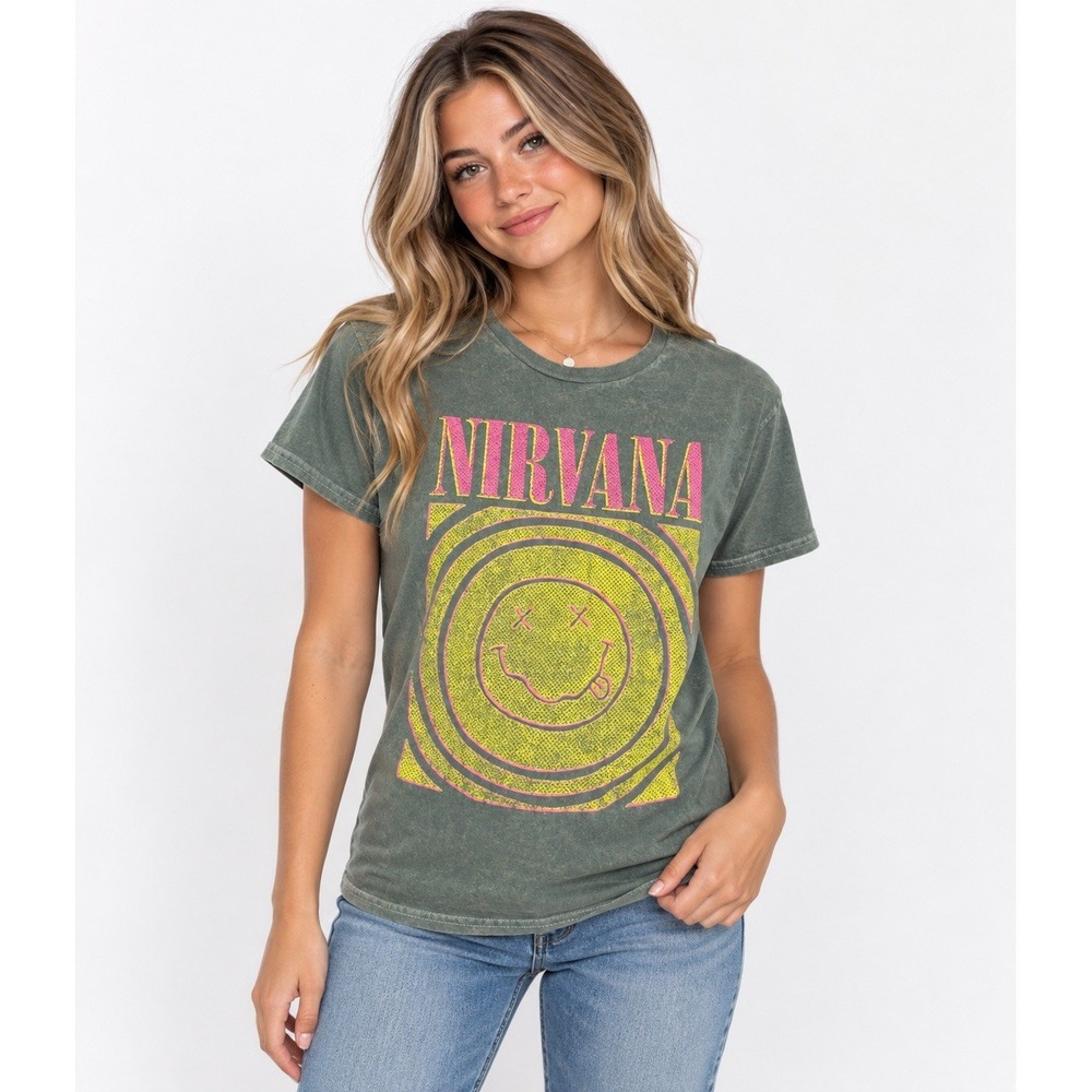 Nirvana Acid Wash Smiley Face Graphic T-Shirt Women Size S Green Pink Yellow